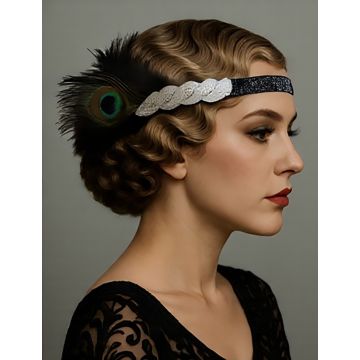 1920s Gatsby Headband – Silver Beaded with Peacock Feather
