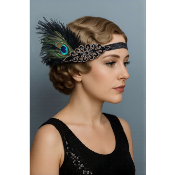 1920s Flapper Headband – Peacock Feather & Gold Floral Beads