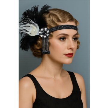 1920s Feather Headband – Black & White Flapper with Crystal Beads