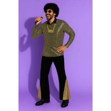 Adult mens gold sequin disco costume with black flared trousers and afro wig