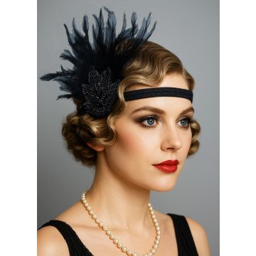 Black Flapper Headband with Feather – 1920s Costume Accessory
