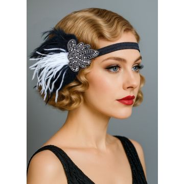 Black & White Feather Flapper Headpiece – 1920s Gatsby Beaded Hair Accessory for Women