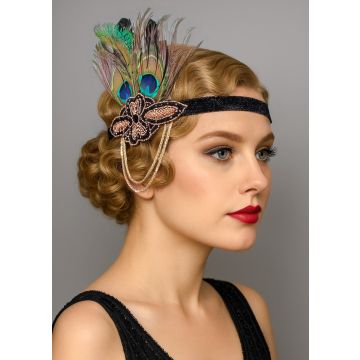 1920s Peacock Feather Flapper Headband with Gold Chains – Gatsby Accessory