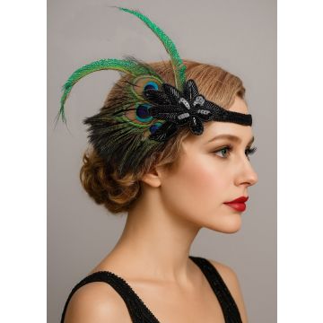 1920s Headband – Peacock Feather & Black Beaded Flower Flapper Style