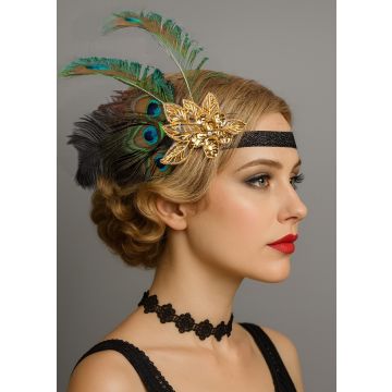 1920s Peacock Headband – Gold Sequin & Feather Flapper Style