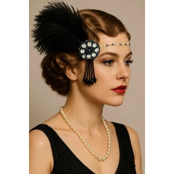 Gatsby Feather Headband – Black Ribbon Tie & Crystal Drop 1920s Style