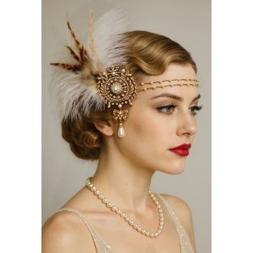 1920s Feather Headband – Gold Pearl Chain Gatsby Styling Hairpiece