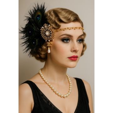 Gatsby Ribbon Headband – Peacock Feather & Gold 1920s Styling Accessory