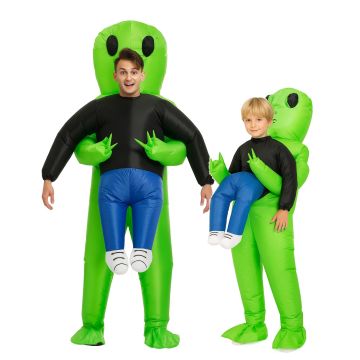 Adult wearing green inflatable alien abduction costume with UFO theme