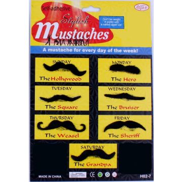 Adult 7 Day Moustache Set - Self-Adhesive Black Facial Hair Accessory Pack