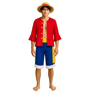 Adult Anime Pirate Captain Costume - Red Jacket Blue Shorts Straw Hat Set