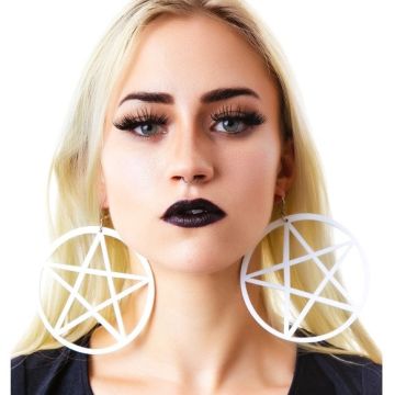 Adult White Pentagram Earrings - Gothic Statement Hoops