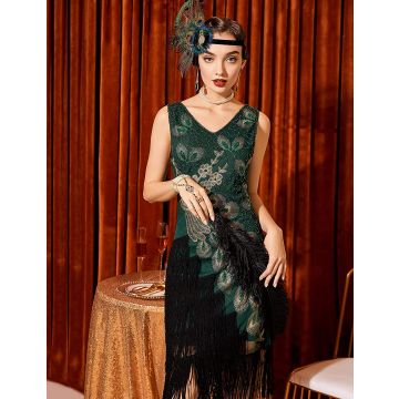 Flapper Dress Adult Womens 1920s Green Sequin Peacock Fringe Costume