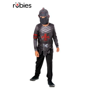Kids medieval black knight costume with hooded mask and digitally printed armour