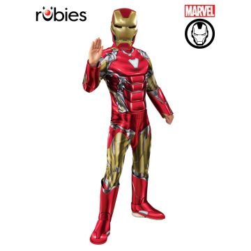 Kids Iron Man costume full body front view with metallic red gold armour print