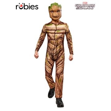 Kids Groot costume full body view with moulded tree mask and wood grain jumpsuit