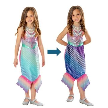 Kids Barbie mermaid costume dress with UV color-changing scales and rainbow fins