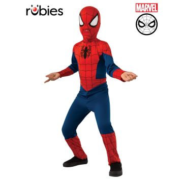 Kids Spider-Man costume full-body jumpsuit with red blue web print and black spider emblem