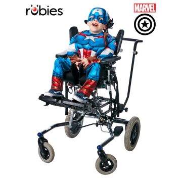 Child wearing Captain America adaptive wheelchair costume with blue red white printed design and foam mask