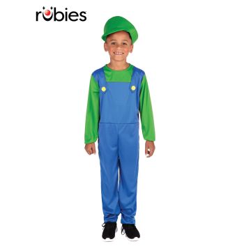 Boys Luigi costume - blue overalls jumpsuit with green sleeves and cap