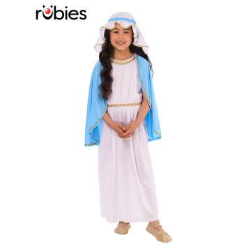 Child's Virgin Mary nativity costume with white satin dress, sky blue robe and hood headpiece with gold trim