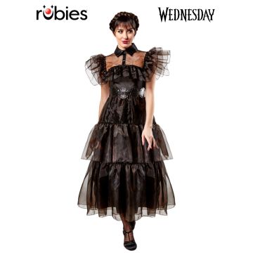 Adult Wednesday Addams black Gothic gown with tiered tulle skirt and sheer mesh yoke - front view