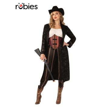 Adult ladies Wild West cowgirl costume with black duster coat, burgundy vest and felt hat