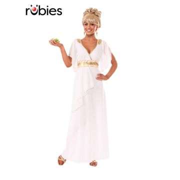 Adult white Roman goddess costume dress with gold Greek key belt and V-neckline