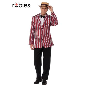 Mens 1920s red pin-striped jacket with boater hat and black bow tie costume set front view