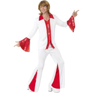 Mens white 70s disco costume with red sequin trumpet sleeves and flared bell-bottom pants