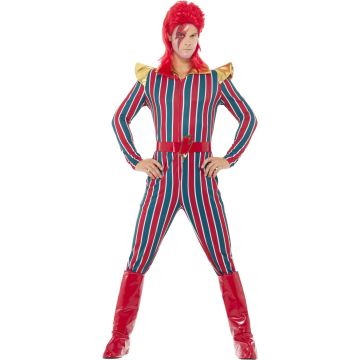 Adult Ziggy Stardust glam rock costume - striped jumpsuit with gold wing shoulders and red belt