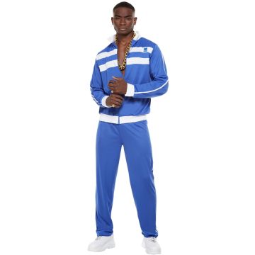 Adult in royal blue 80s tracksuit costume with white racing stripes and standing collar