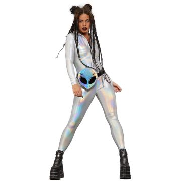 Adult silver holographic catsuit with rainbow sheen and long sleeves