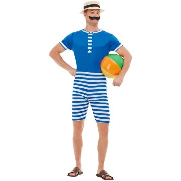 Adult mens 1920s bathing suit costume with royal blue top and striped shorts