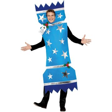 Adult Christmas cracker tabard costume in bright blue with silver foil bands and face cutout
