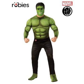 Adult Deluxe Hulk Costume front view with muscle jumpsuit and mask
