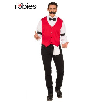 Adult bartender costume kit with red vest, white shirt, black bow tie and handlebar mustache