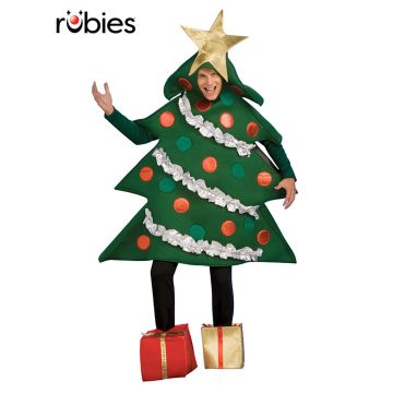Adult wearing full-body Christmas tree costume with gold star topper and tinsel garland