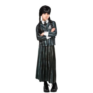 Kids Wednesday Addams Nevermore Academy costume 3-piece set with pinstripe jacket and pleated skirt