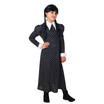 Girls Wednesday Addams costume dress with white pointed collar and puffed sleeves