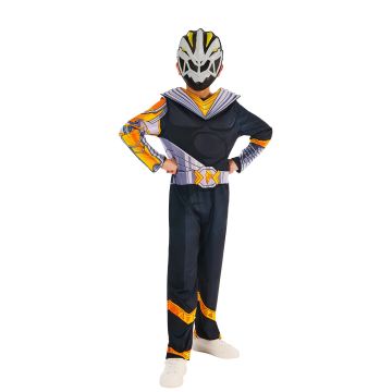 Child wearing Power Rangers Cosmic Fury Black Ranger costume with muscle chest and mask