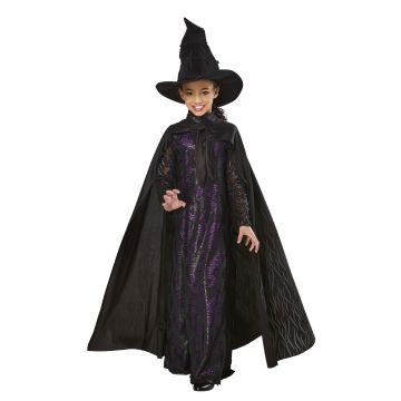 Girls Wicked Elphaba witch costume with black lace dress, purple sequined under-layer, and dramatic cape