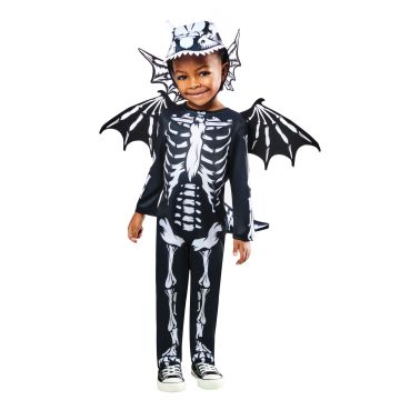Kids skeleton dragon costume with black jumpsuit and white bone print, 3D wings and skull hood