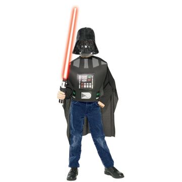 Child wearing Star Wars Darth Vader costume with black tabard printed chest panel and mask