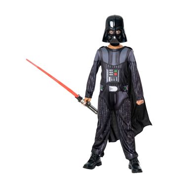 Kids Darth Vader costume with black jumpsuit and printed chest armour panel