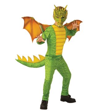 Kids dragon costume with green scale jumpsuit, yellow belly panel, orange wings and latex mask with horns