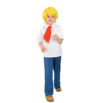 Kids Scooby-Doo Fred Jones costume with white 70s shirt, blue pants and blonde wig