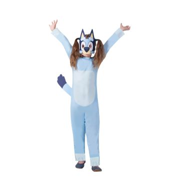 Kids Bluey costume jumpsuit with digitally printed spots and attached tail