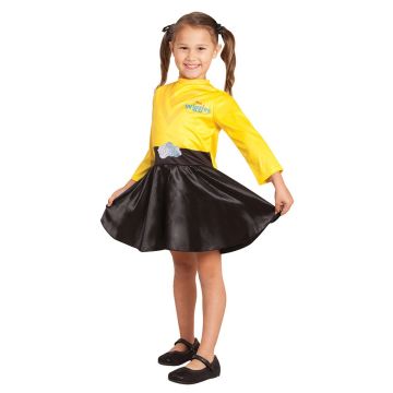 Girls Yellow Wiggle dress costume with printed bodice and black satin skirt