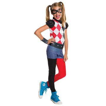 Girls DC Superhero Harley Quinn costume - red and black diamond jumpsuit with blue shorts overlay